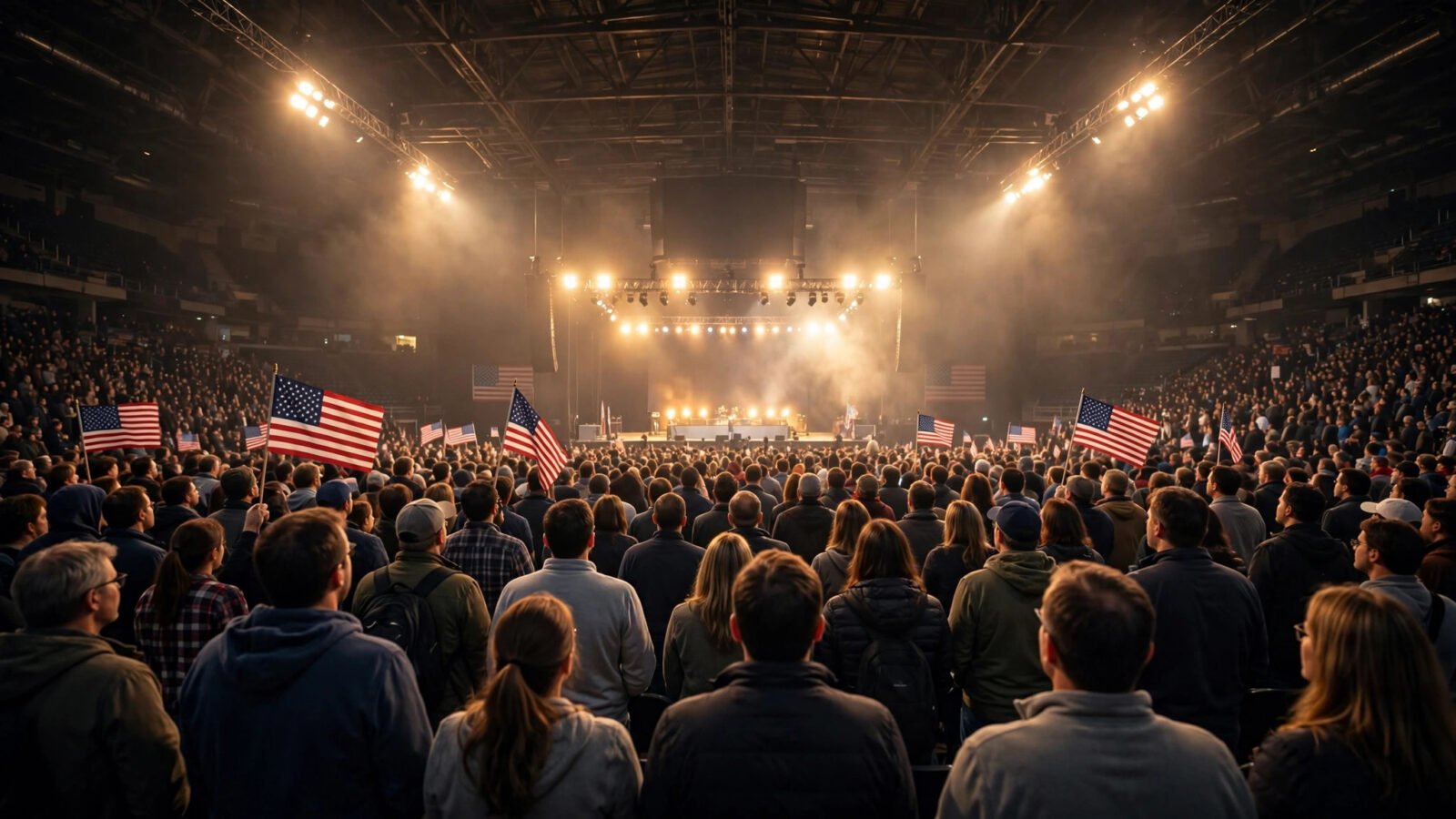 A large crowd of people holding American flags inside an arena at night, facing a brightly lit stage in the distance.