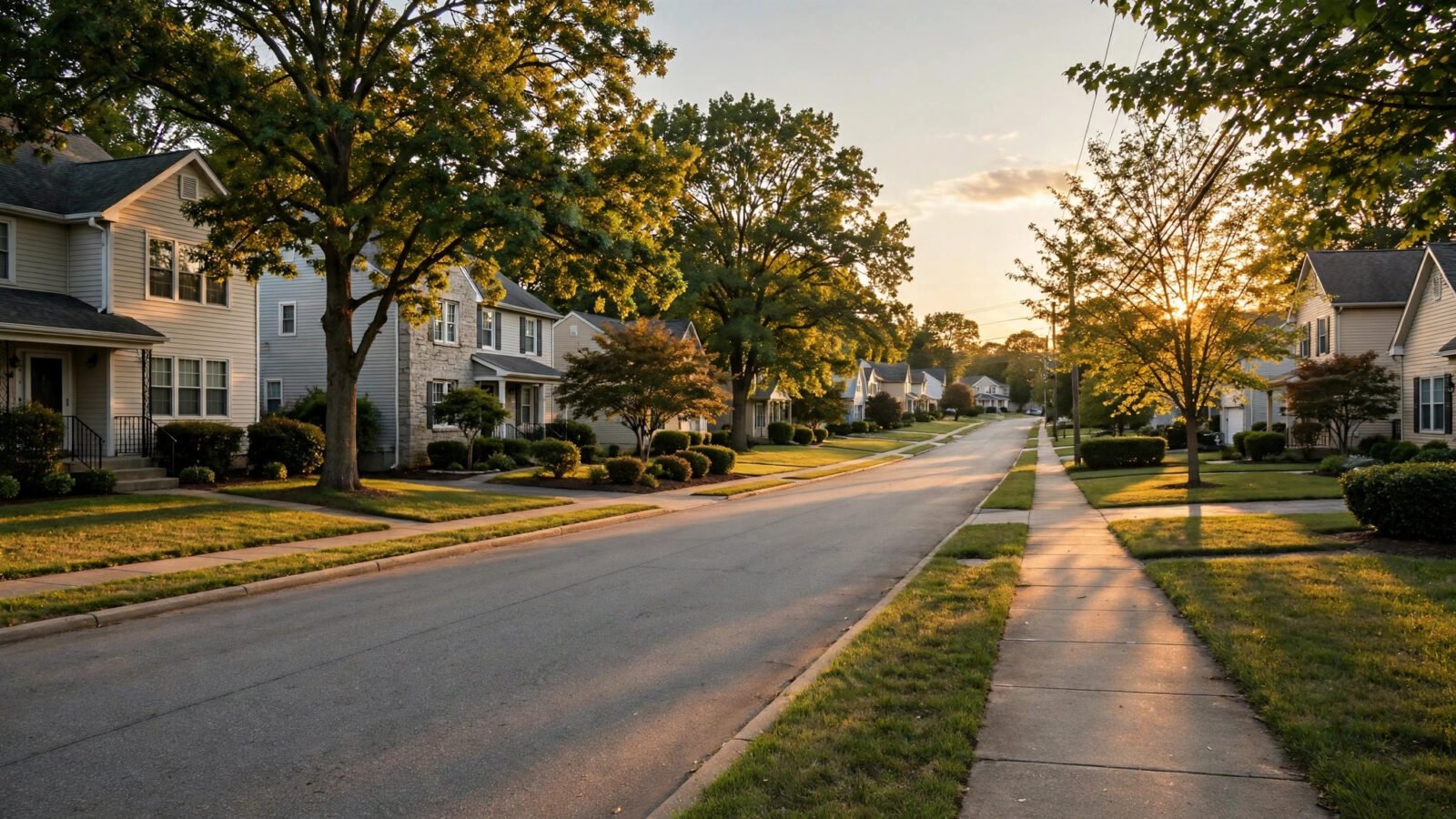 A quiet American suburban street lined with single-family houses at golden hour