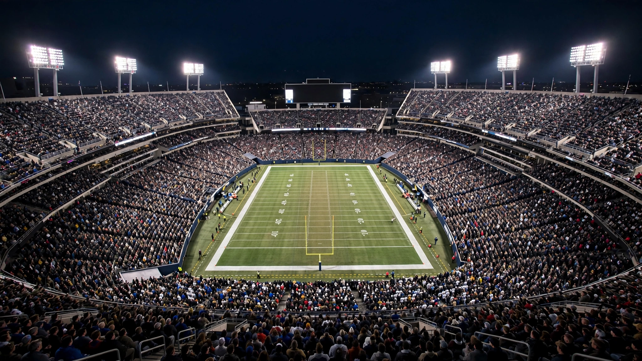 A packed American football stadium under bright floodlights at night