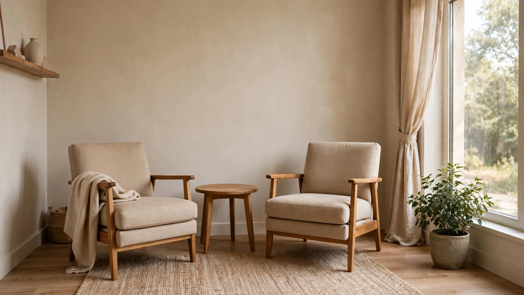 Two empty armchairs facing each other in a calm sunlit therapy office with a plant by the window