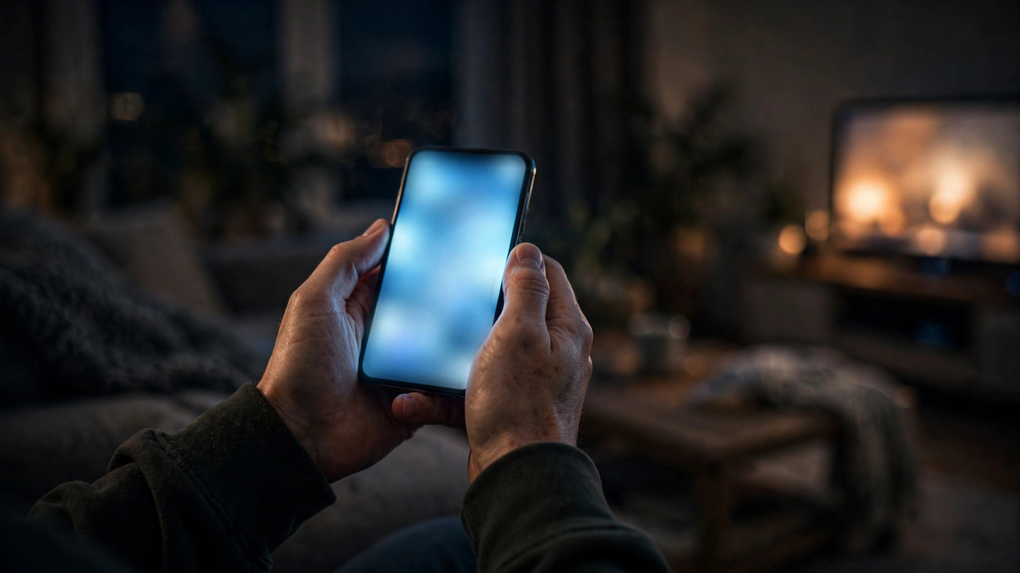 A person's hands holding a smartphone with a blurred glowing screen in a dim living room at night