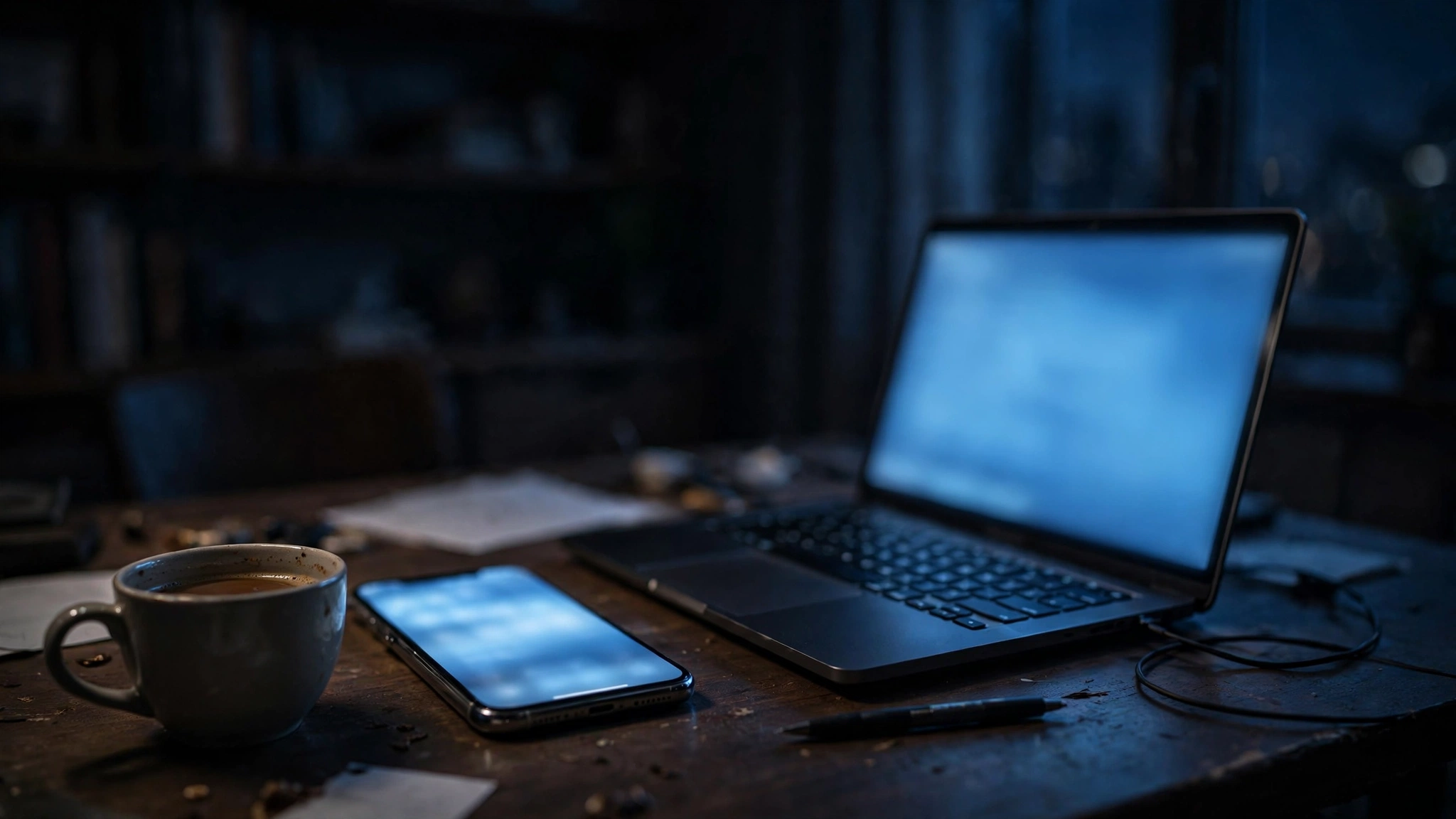 A laptop and smartphone with blurred screens on a wooden desk at night beside a cup of coffee