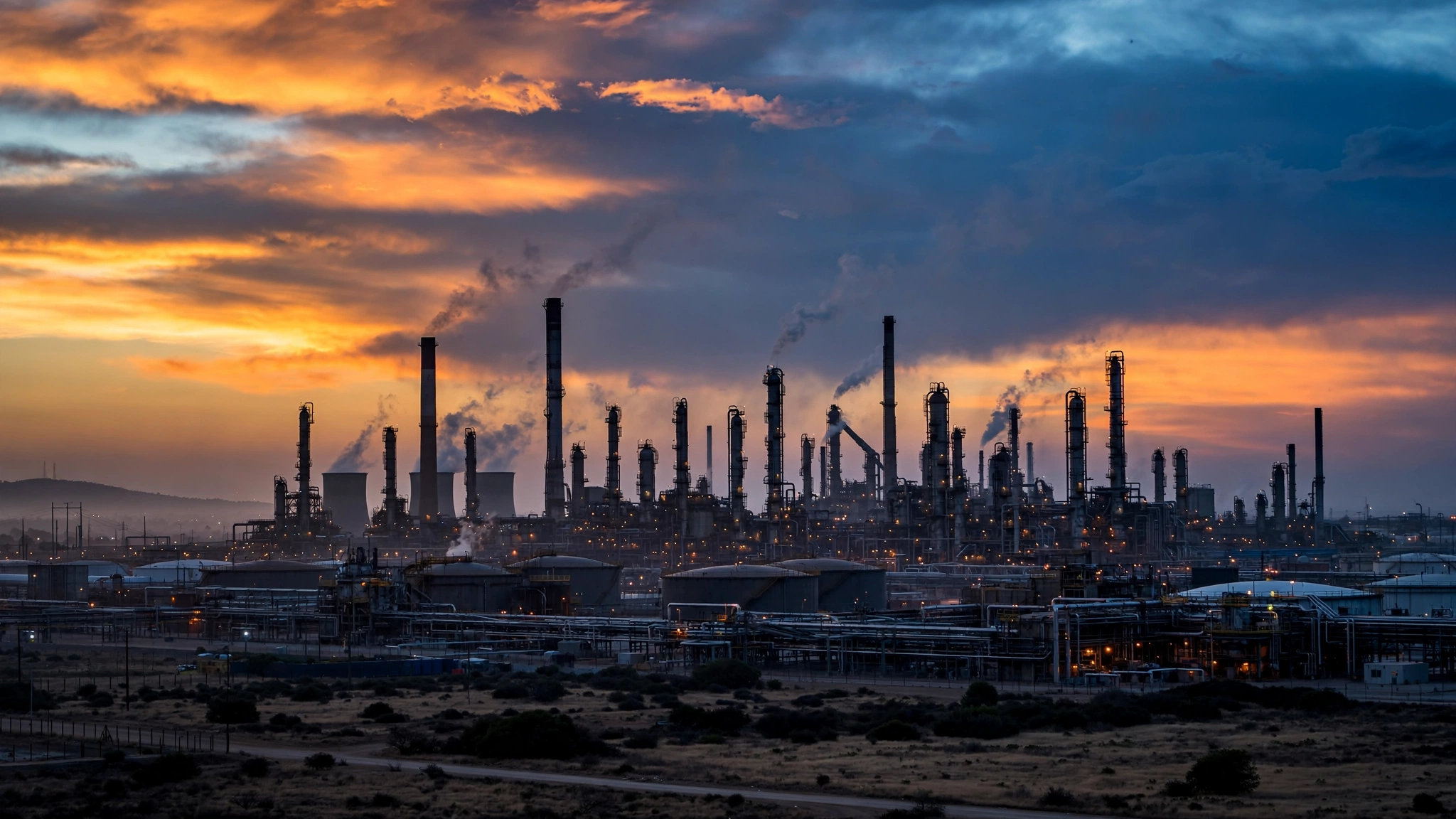 An oil refinery with tall distillation towers and smokestacks silhouetted against an orange and blue dusk sky