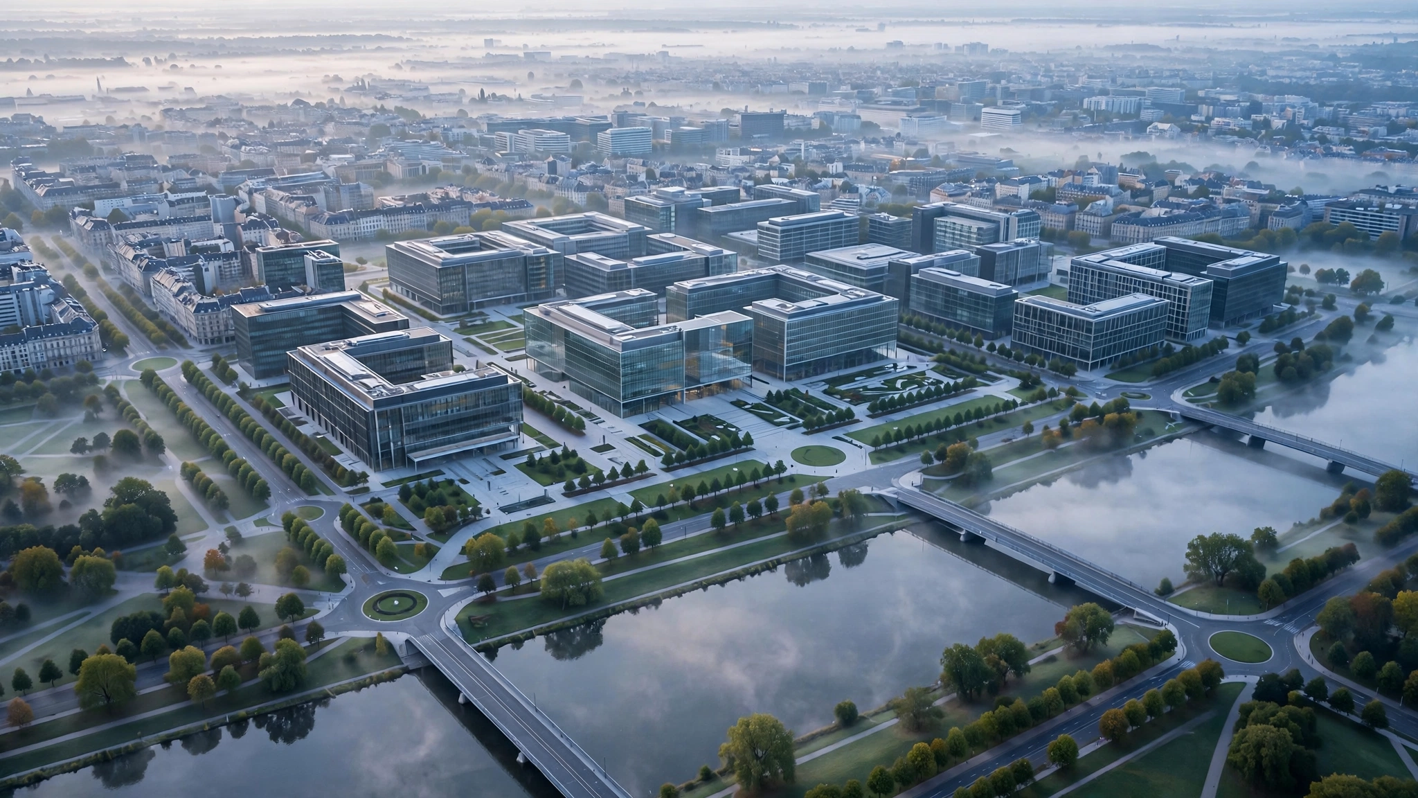 An aerial view of a modern European government district with glass office buildings along a river at dawn