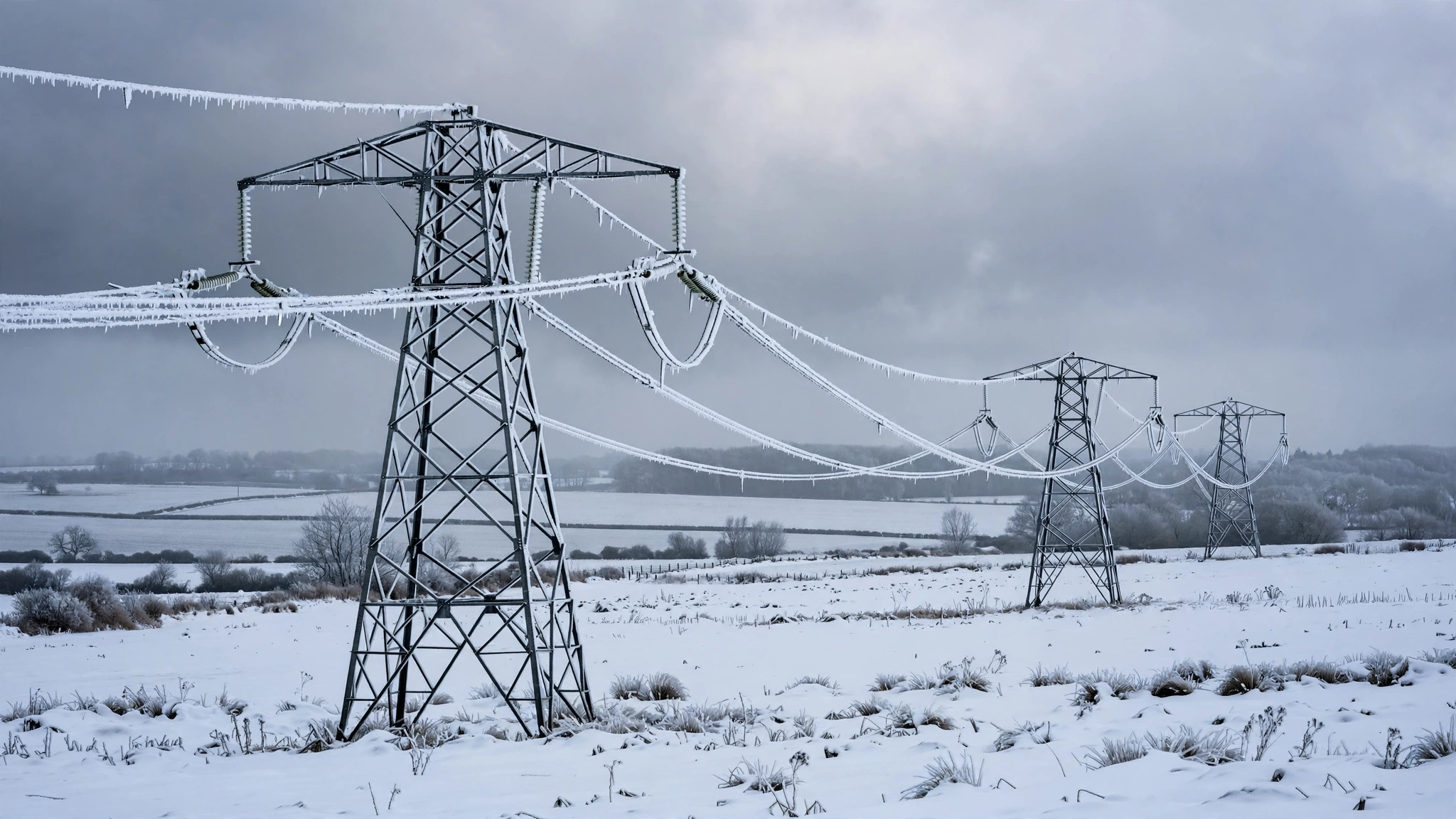 High-voltage power transmission towers and lines coated in ice and snow under a gray winter sky