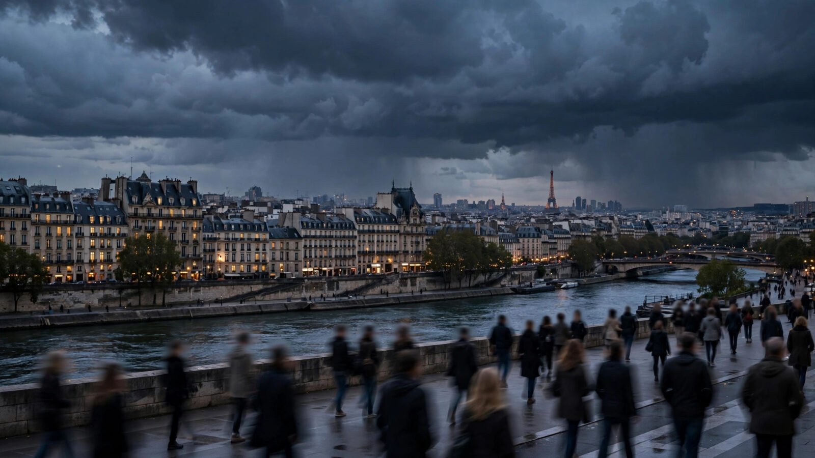 The Paris skyline at dusk under dark storm clouds, with the Eiffel Tower in the distance and people walking along the Seine.