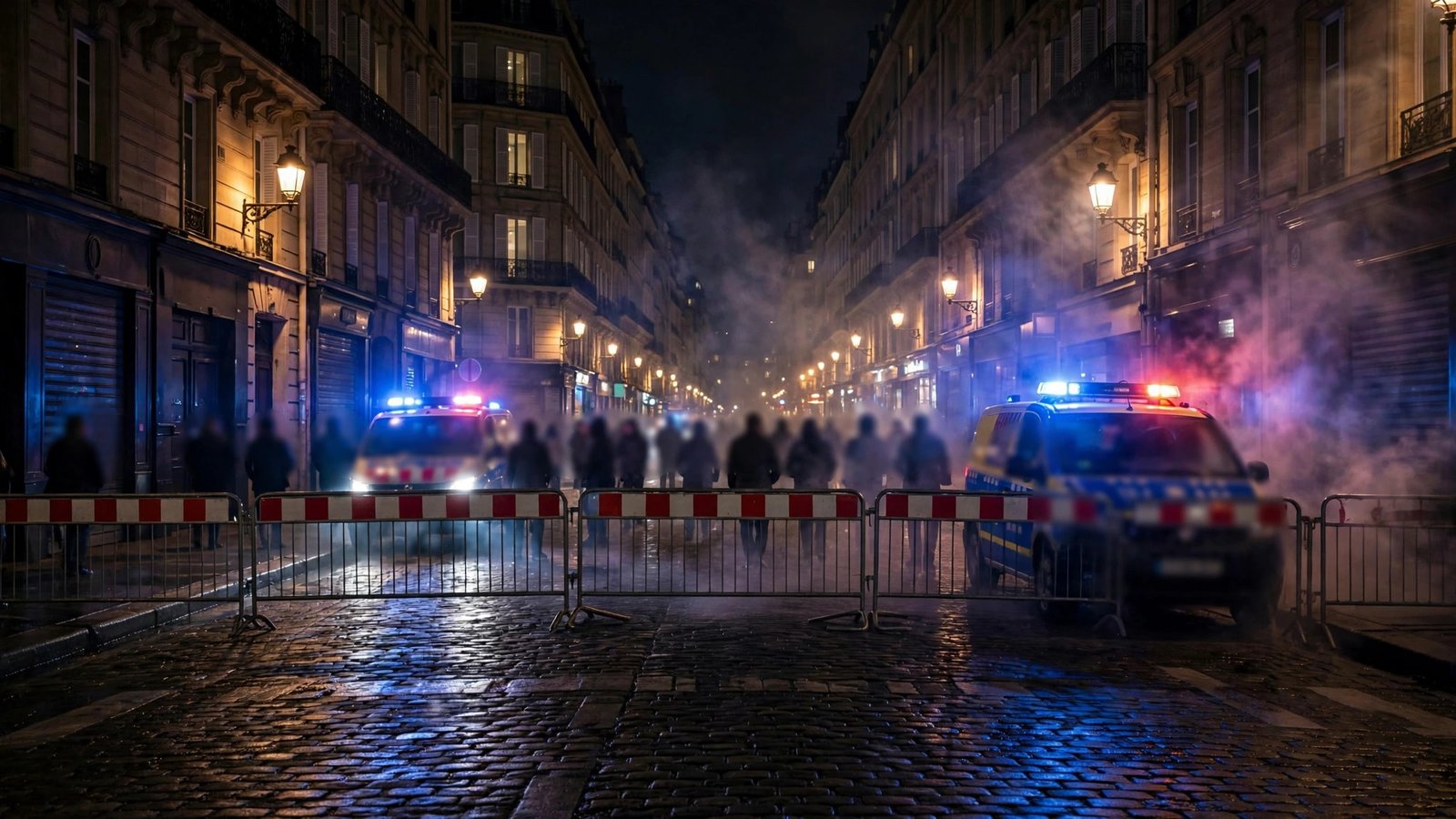 Police barricades and flashing emergency lights on a Paris street at night, with indistinct figures behind them.