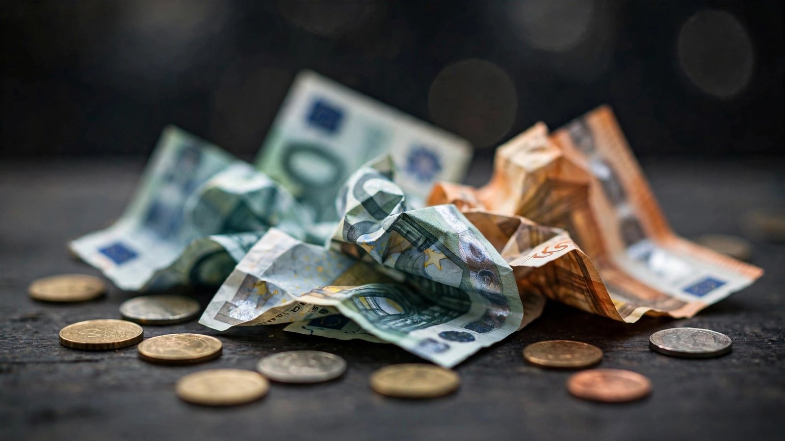 Crumpled euro banknotes and euro coins scattered on a dark table.