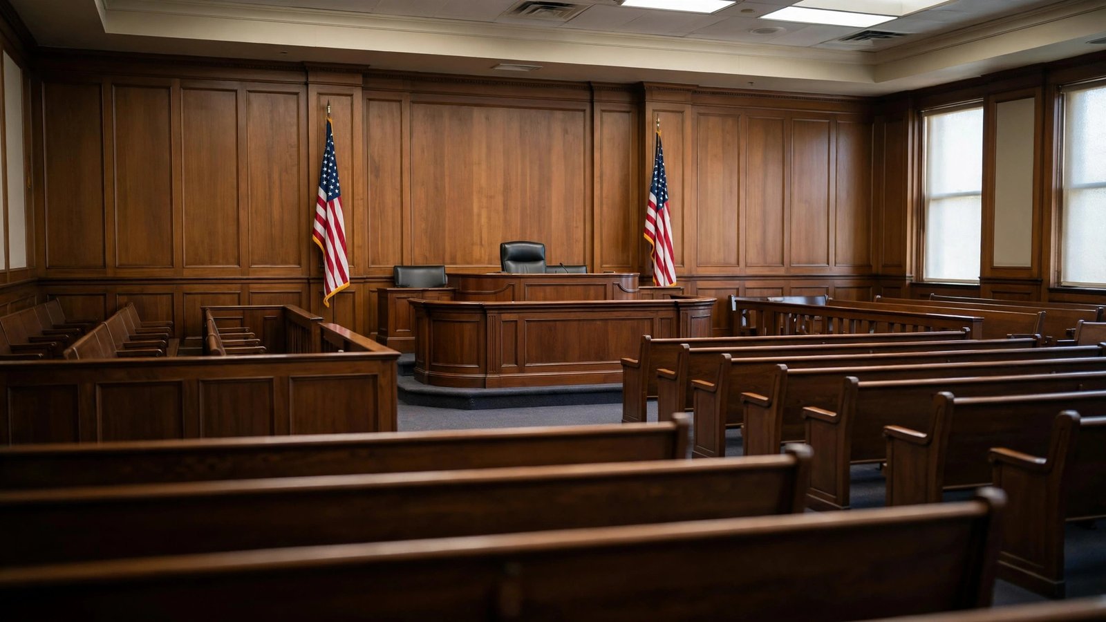 An empty wood-paneled American courtroom with a judge's bench, gallery benches and two American flags.