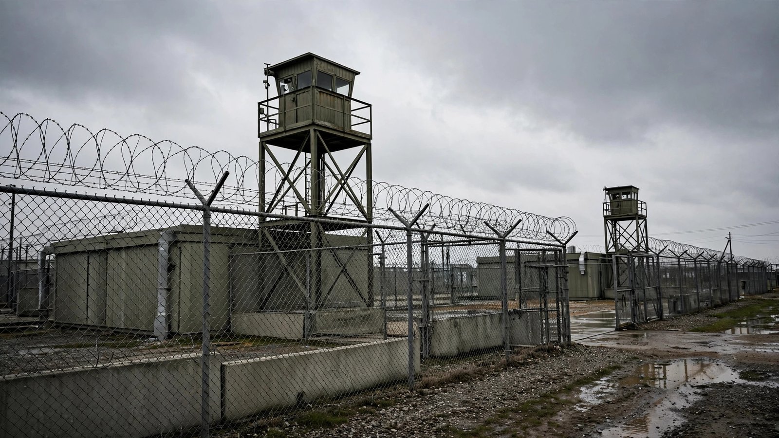 Guard towers and barbed-wire fencing at a fenced detention facility under a gray sky.