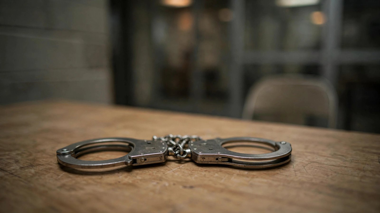 A pair of metal handcuffs lying on a wooden table in a dim room.