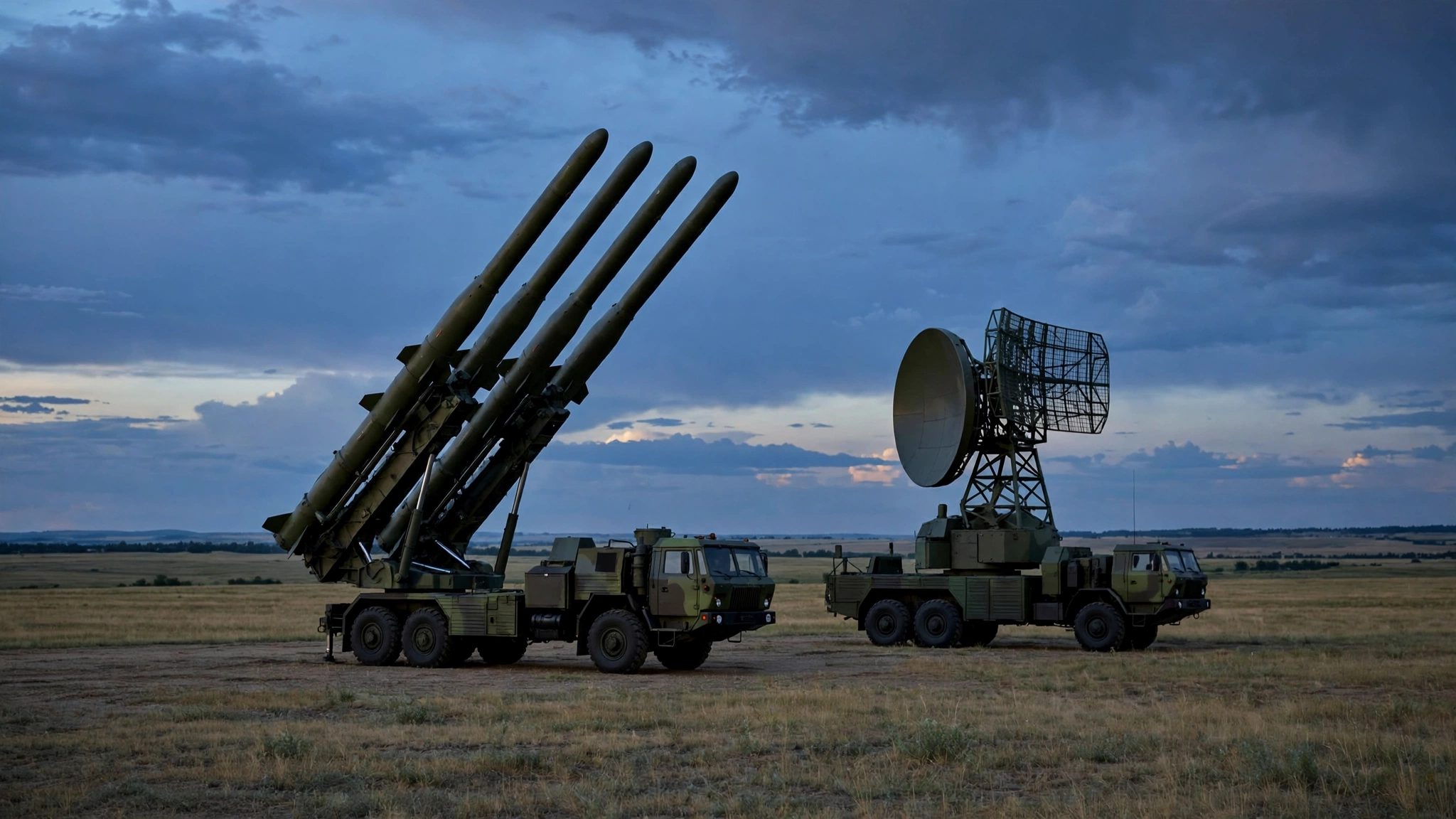 A mobile air-defense missile launcher and radar unit on open terrain at dusk, no personnel visible.