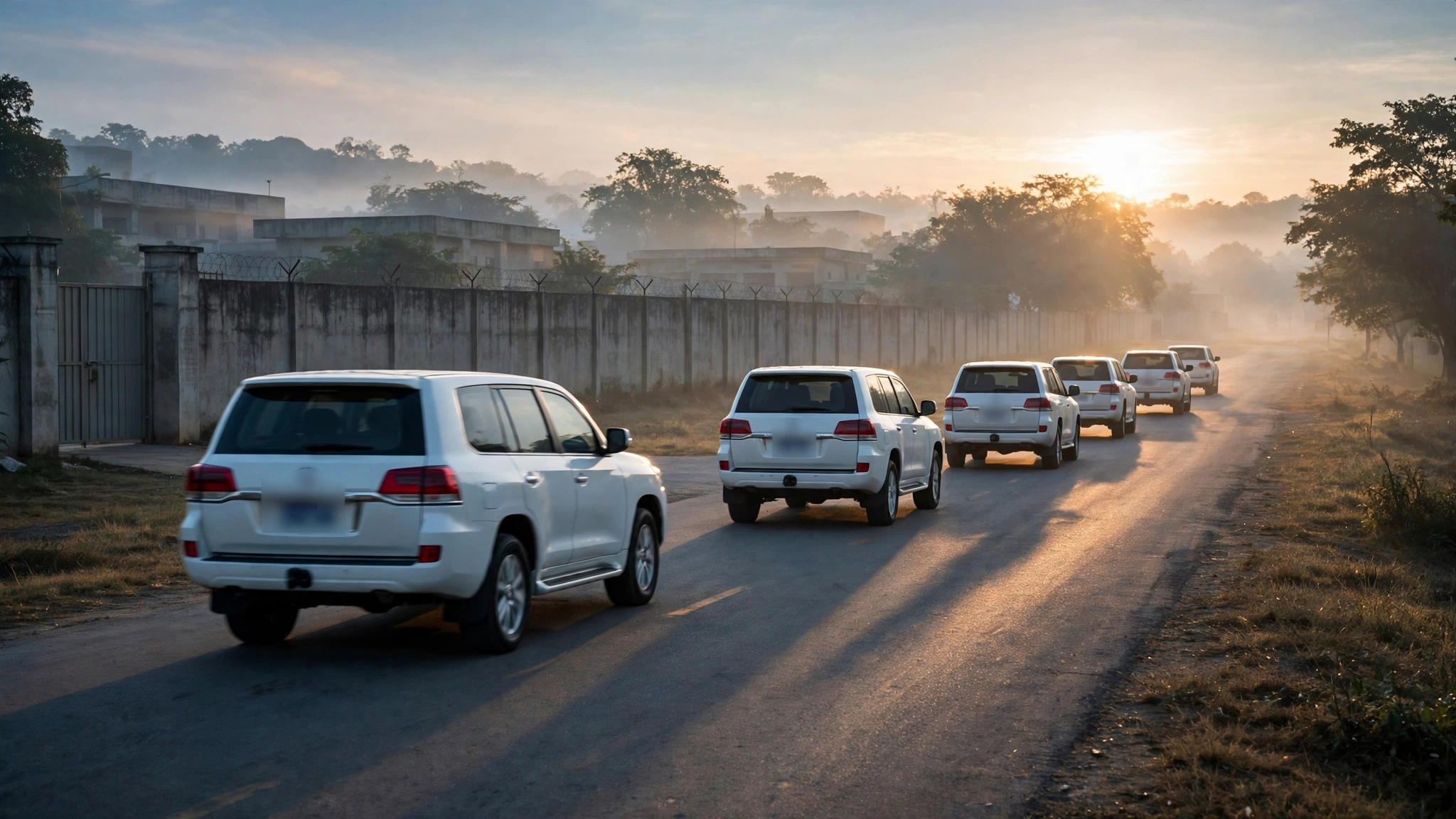 A convoy of white SUVs with blurred license plates driving away from a fenced compound at dawn, no people visible.