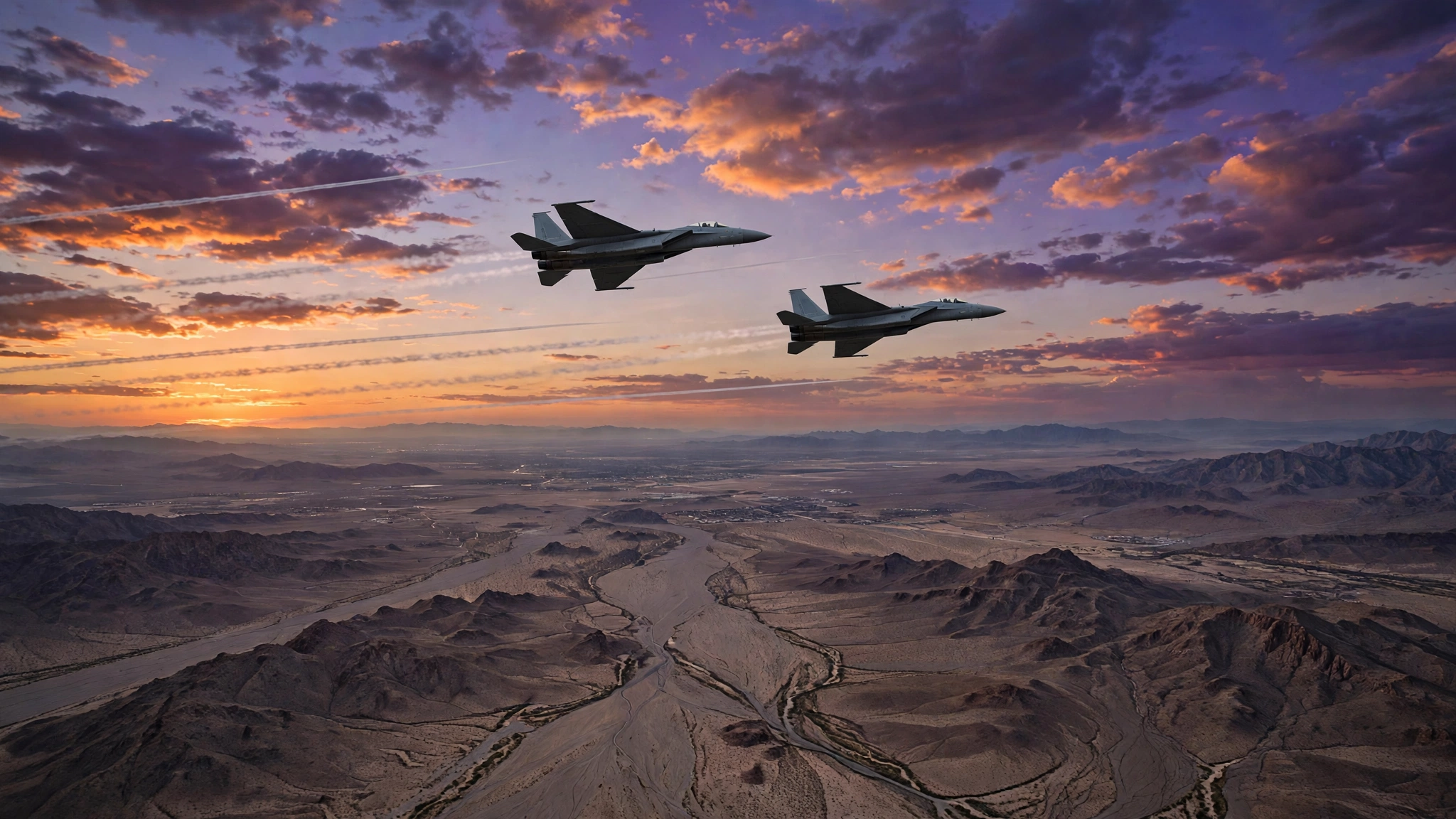 Two unmarked fighter jets flying in formation above desert mountains at dusk.