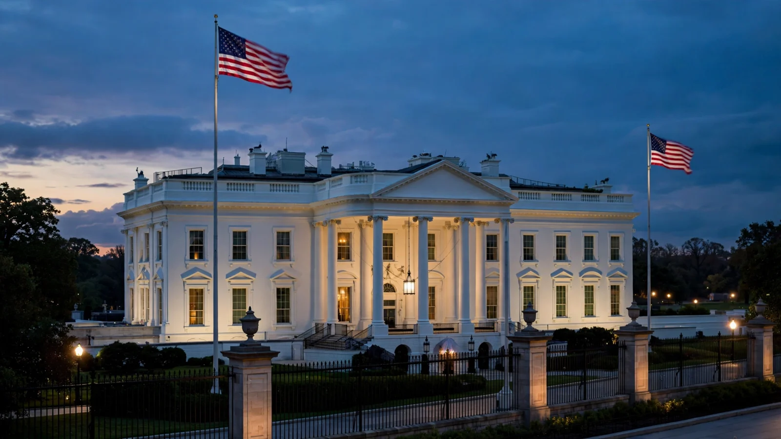 The White House lit up at dusk with American flags flying from flagpoles in front of the building
