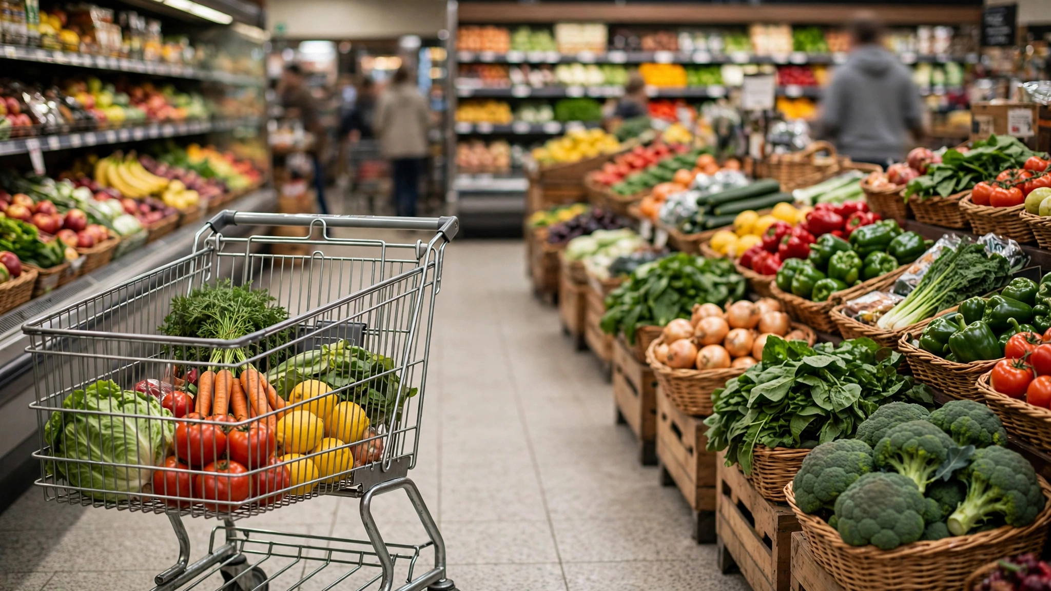 A shopping cart full of fresh produce in a grocery store produce aisle with blurred shoppers in the background