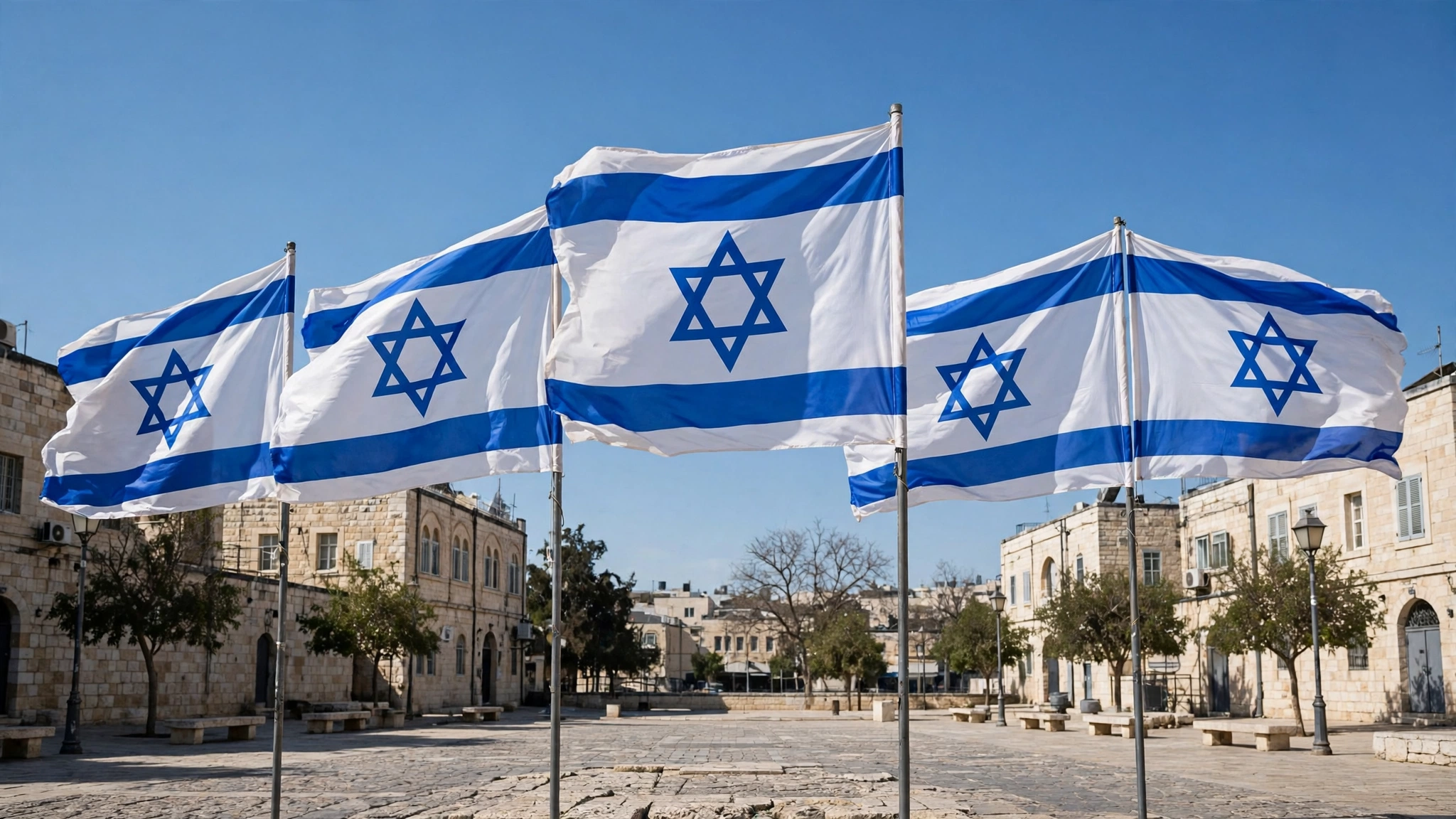 Israeli national flags waving on flagpoles in a stone-paved public square in Jerusalem