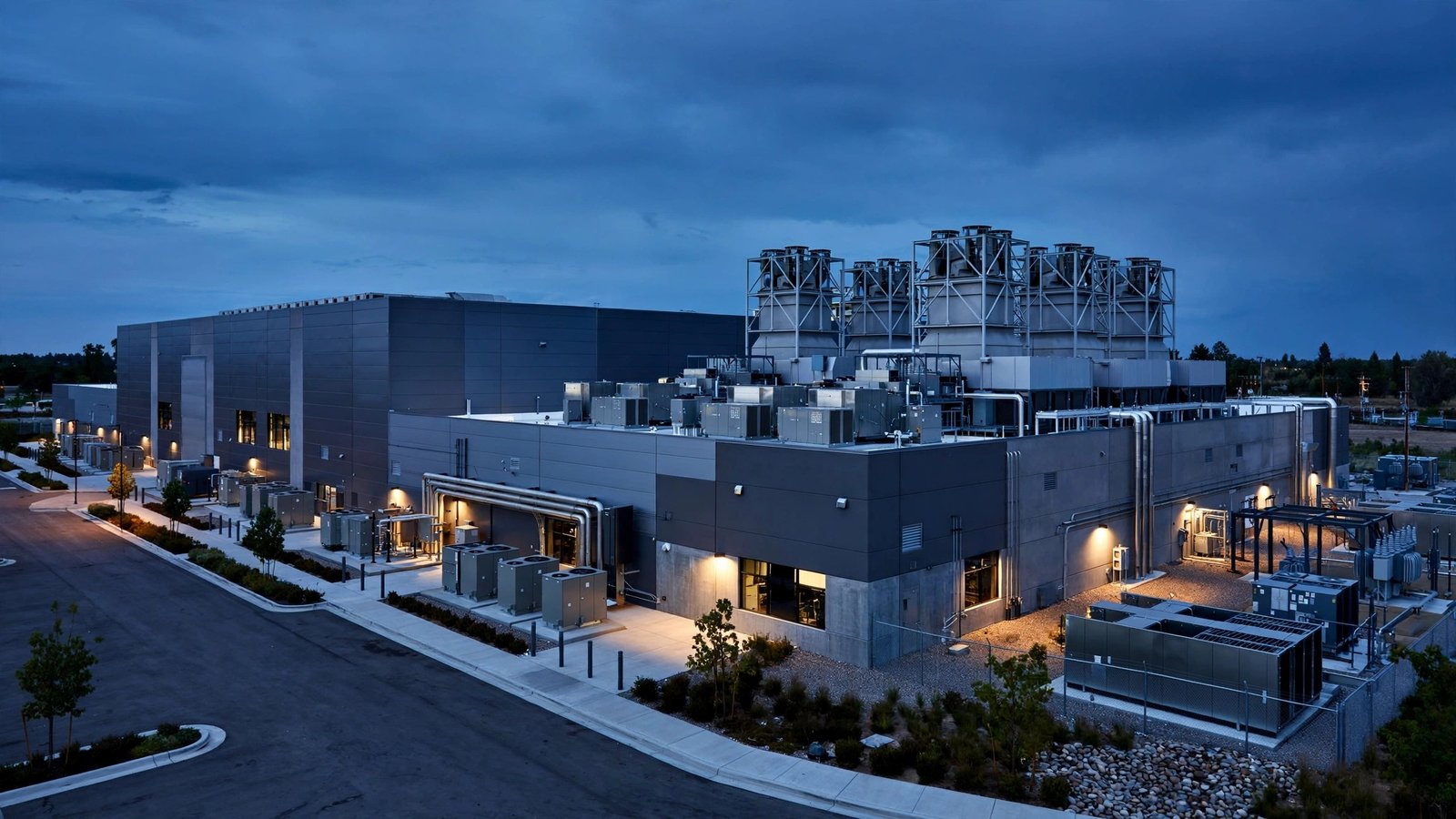 A large data center building with cooling towers at dusk