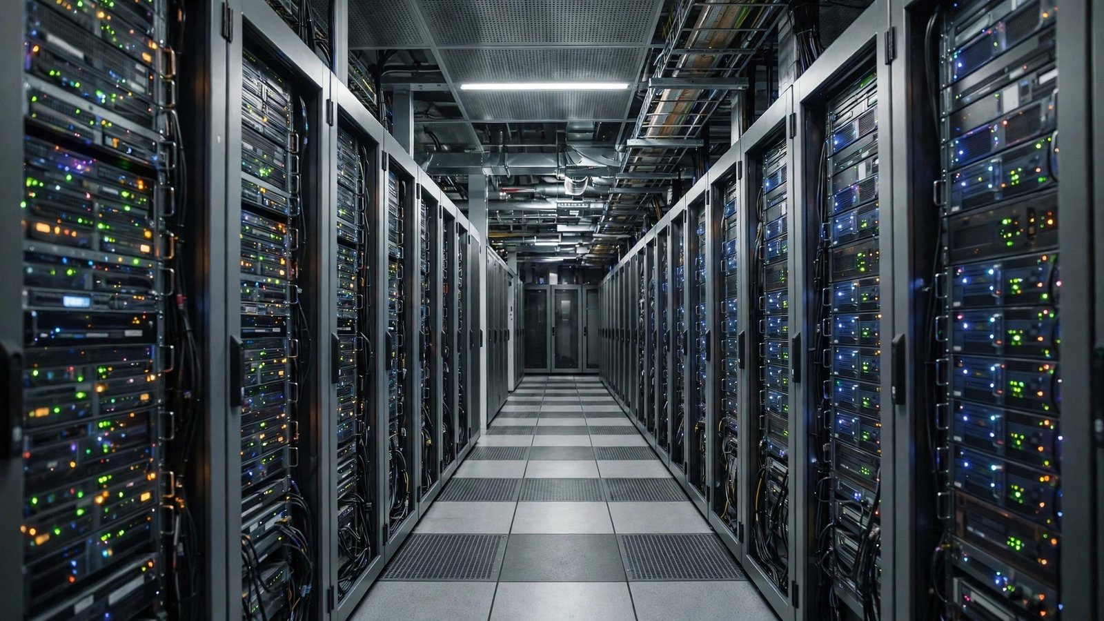 Rows of server racks with small lights along a corridor in a data center