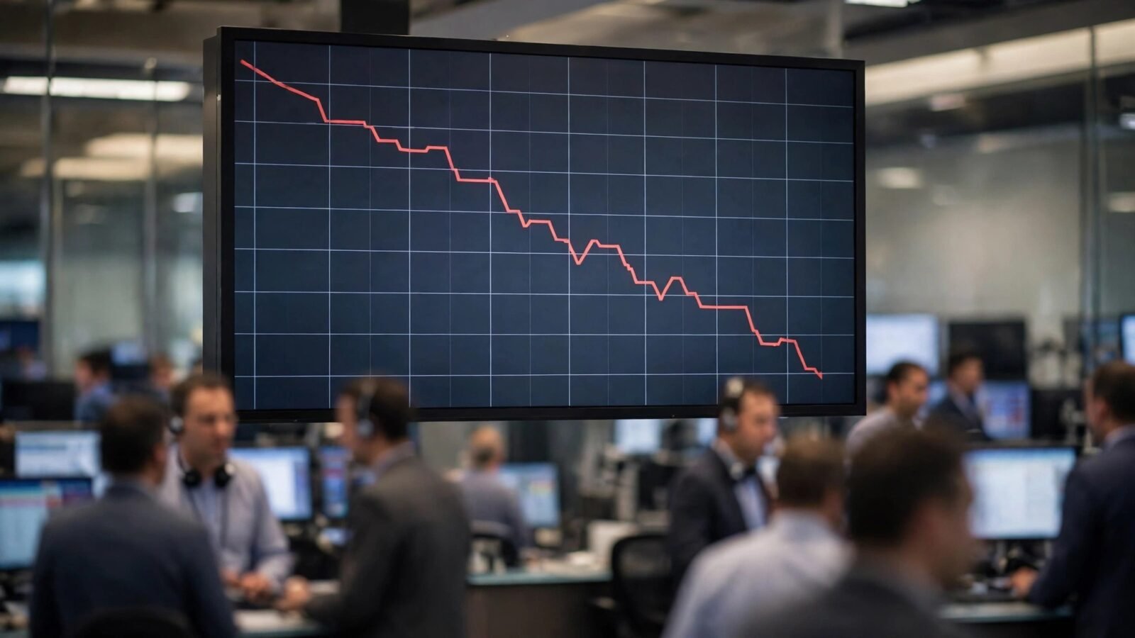 A large screen in a trading room showing a red line chart moving downward, with out-of-focus traders in the foreground