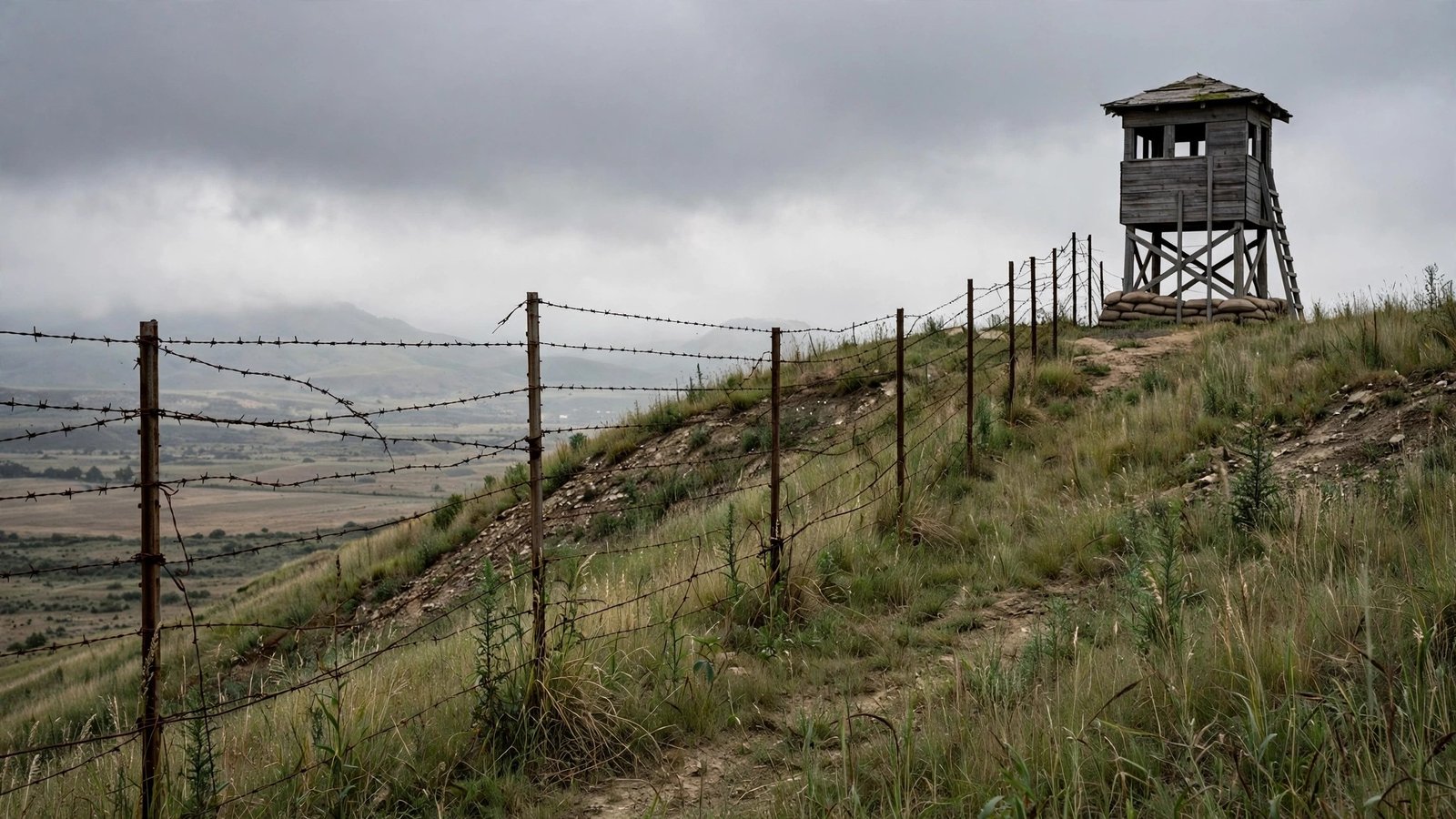 A wooden watchtower and barbed wire fence on a grassy hillside under a grey sky