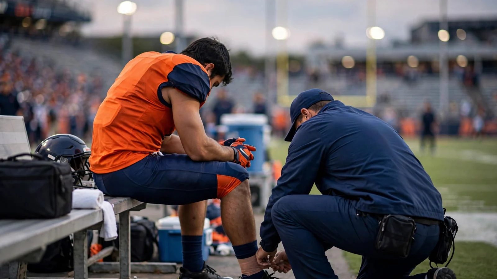 A football player in an orange and navy uniform seated on a sideline bench while a trainer examines his ankle