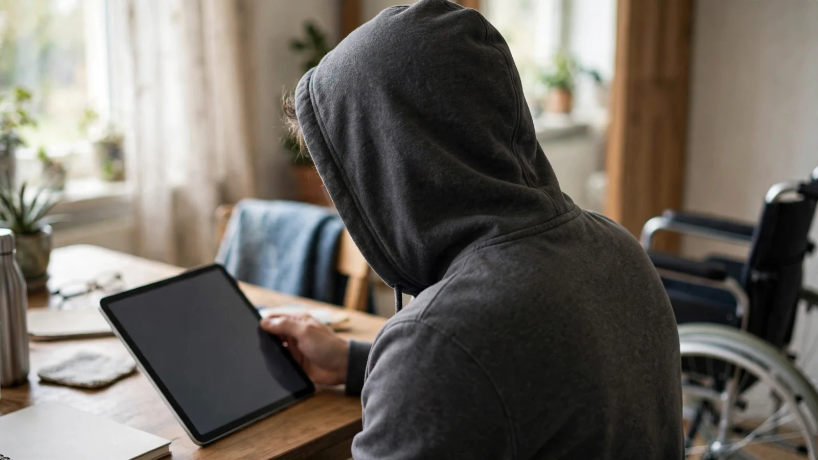 A person seen from behind at a wooden table using a tablet with a blank screen, with a wheelchair visible nearby in a home interior