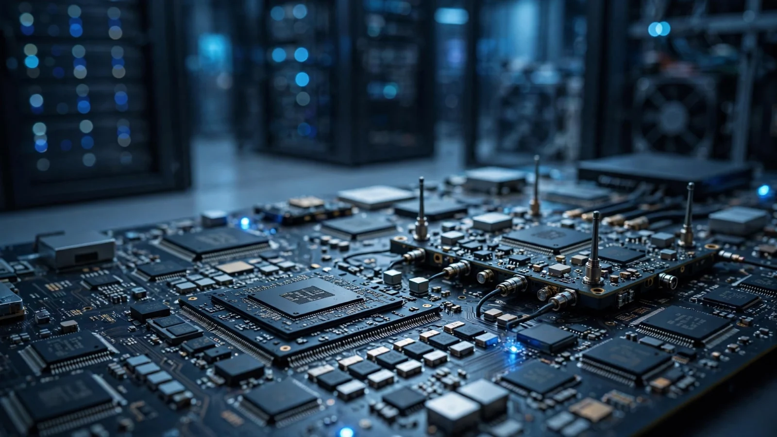 Advanced semiconductor chips and wireless networking hardware on a circuit board in front of blurred data center racks