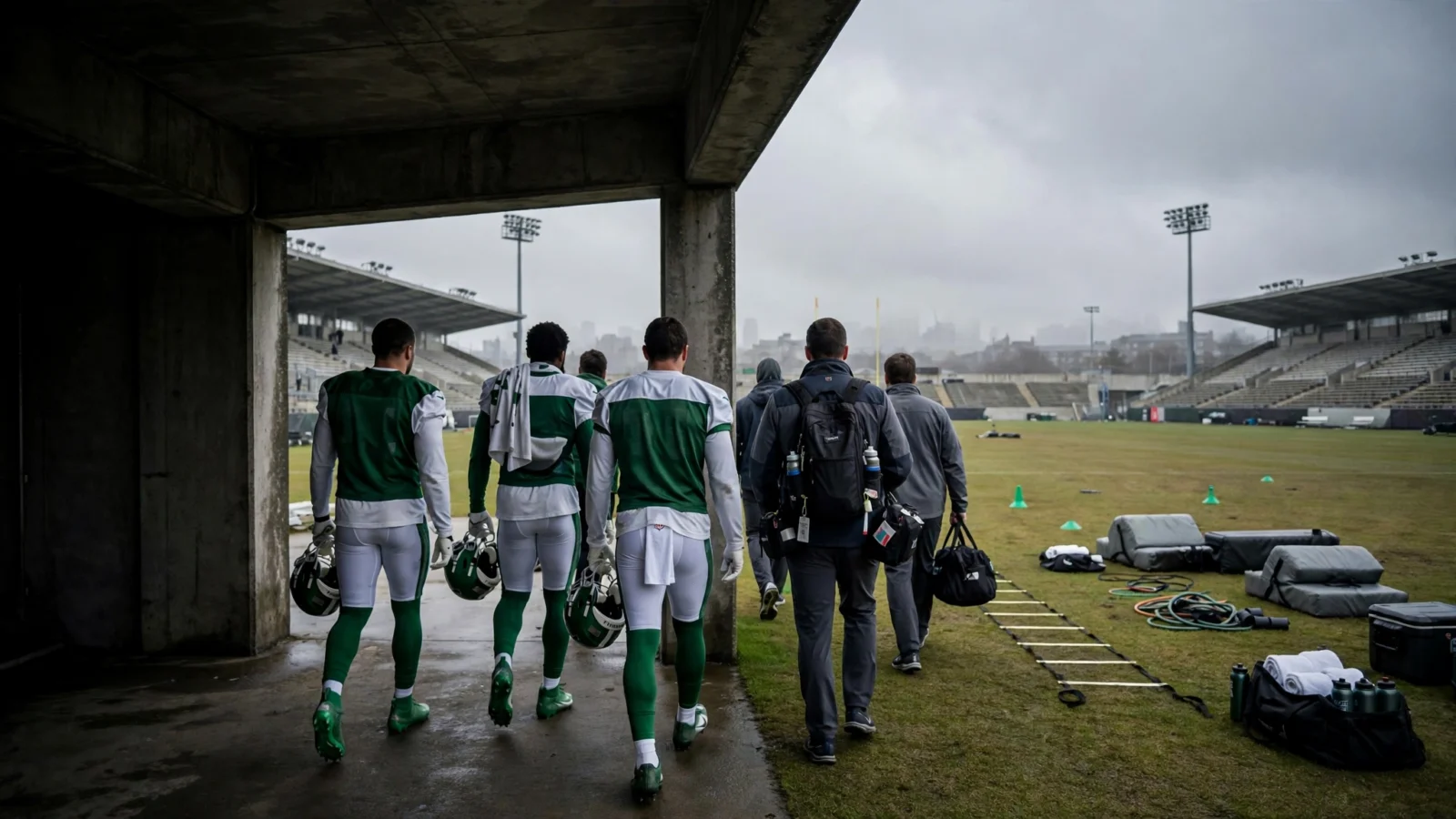 Football players in green and white practice uniforms walk from a stadium tunnel onto a practice field with athletic trainers on an overcast day.