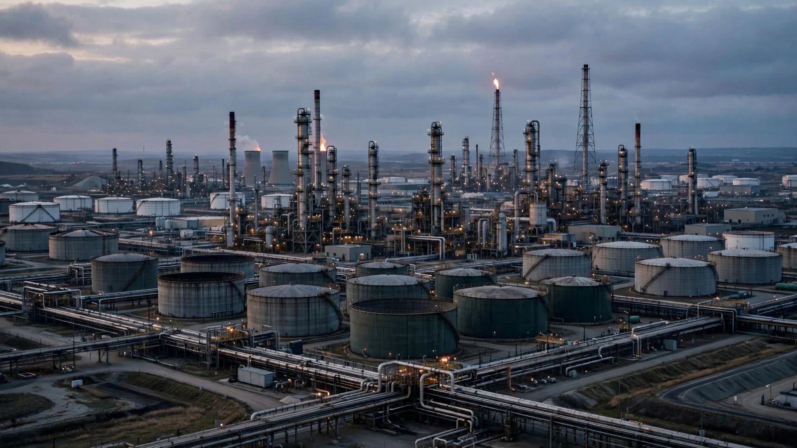 A large oil refinery with storage tanks, pipelines and industrial towers under a cloudy dusk sky