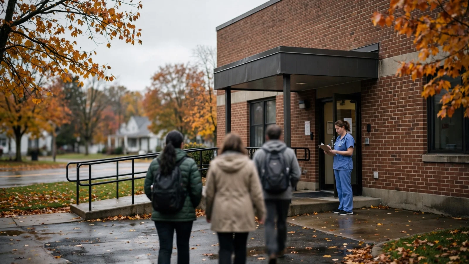People walk toward the entrance of a brick public health clinic on an overcast fall day while a nurse in blue scrubs reviews a clipboard by the door.
