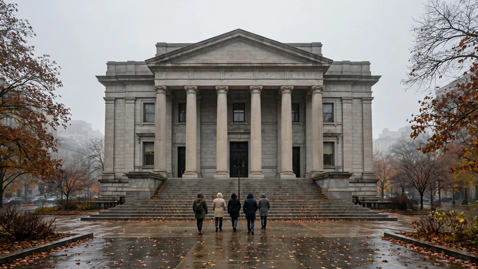 Five people in coats walk toward the columned entrance of a stone federal courthouse on a wet autumn morning.
