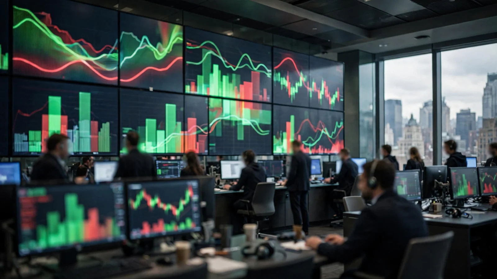 A trading floor with large wall screens showing green and red stock charts and traders working at computer desks.