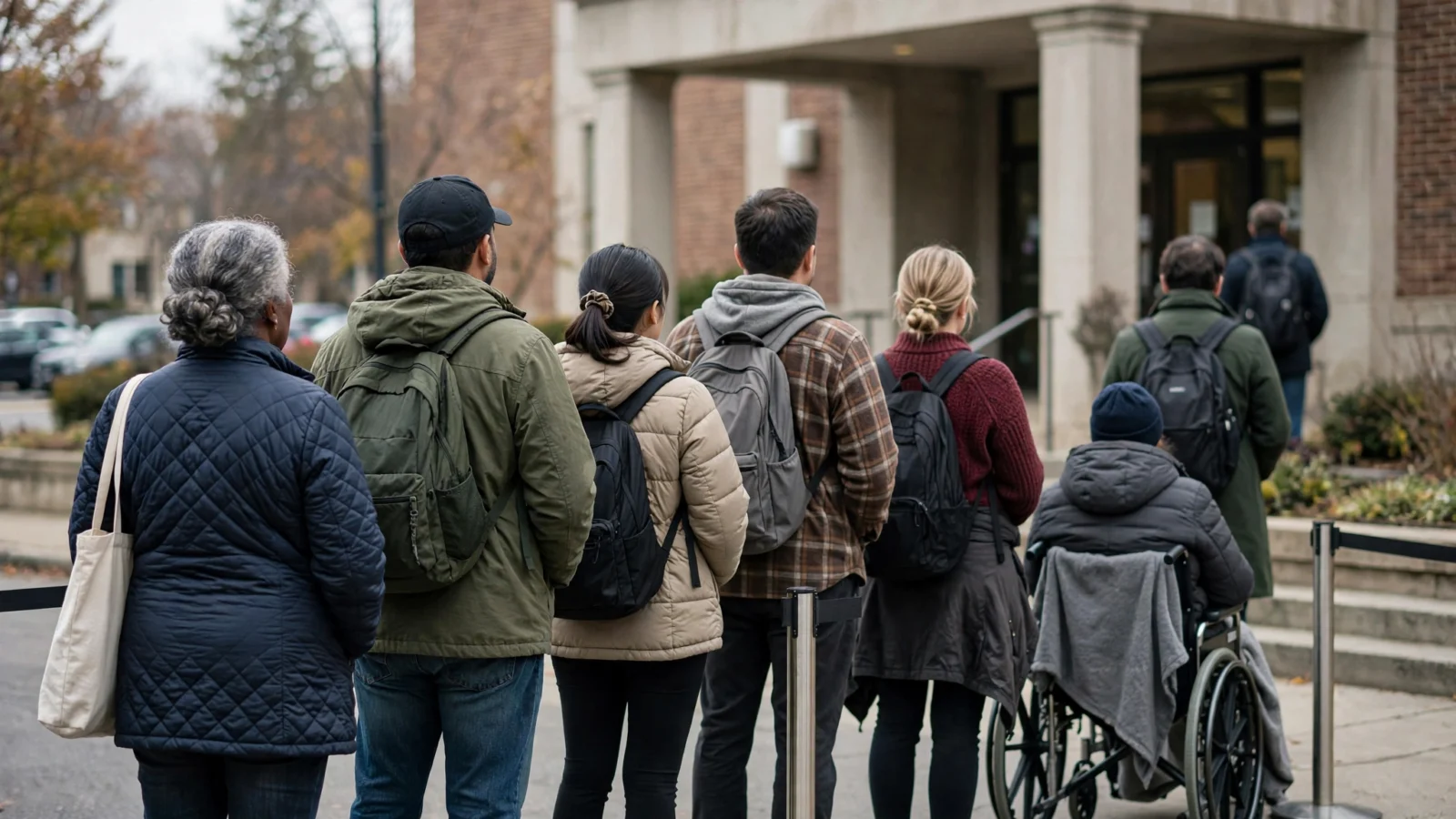 A line of voters seen from behind outside a brick civic building on an overcast day