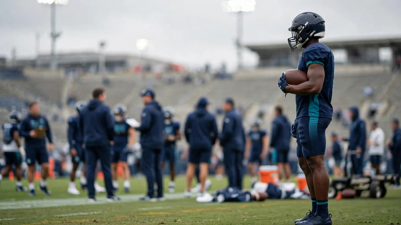 An American football player in a plain navy uniform holding a football on a practice field sideline with teammates and coaches blurred in the background