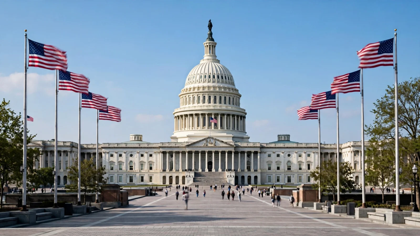 The U.S. Capitol building in Washington on a clear day, with American flags on poles and small distant visitors on the plaza