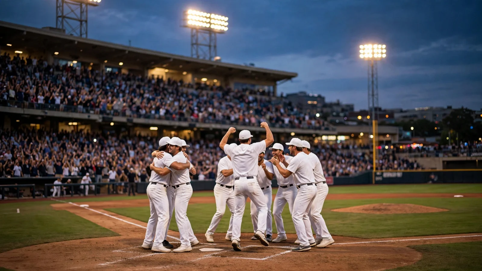 Baseball players in plain white uniforms celebrate near home plate in a floodlit stadium at dusk as fans cheer in the stands.