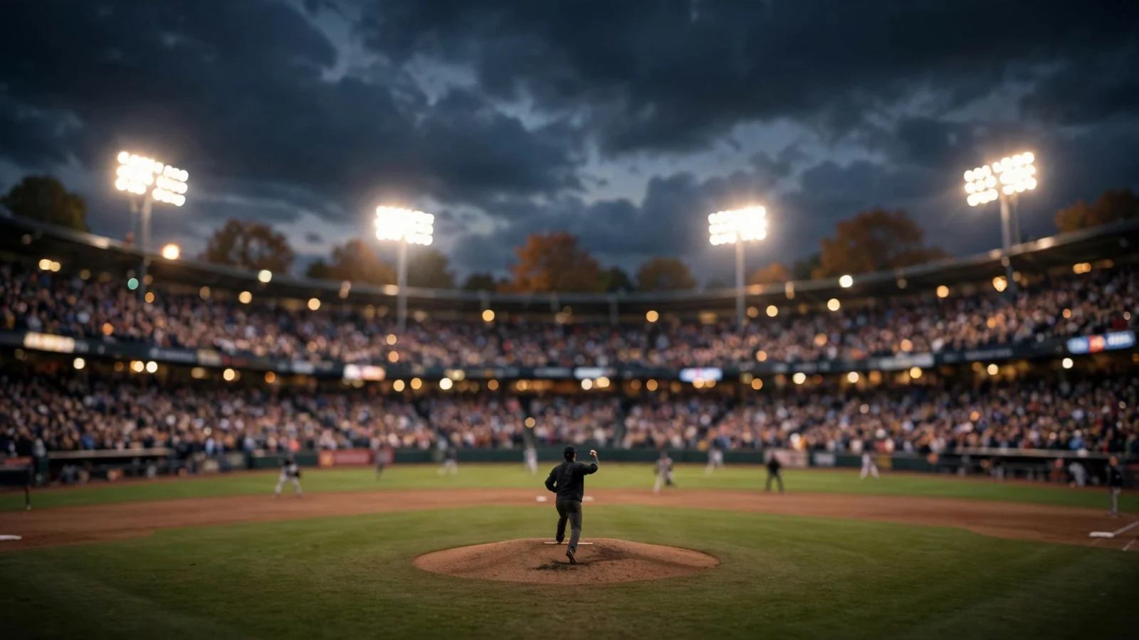A pitcher delivers from the mound during a night baseball game in a crowded stadium under bright lights and a cloudy evening sky.