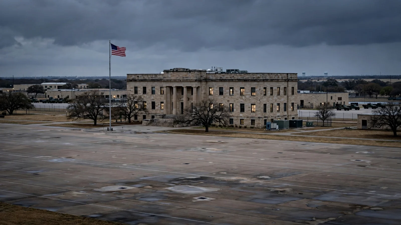 A stone military headquarters building sits beside an American flag on a tall pole at dusk under dark clouds, with an empty parade ground in the foreground.