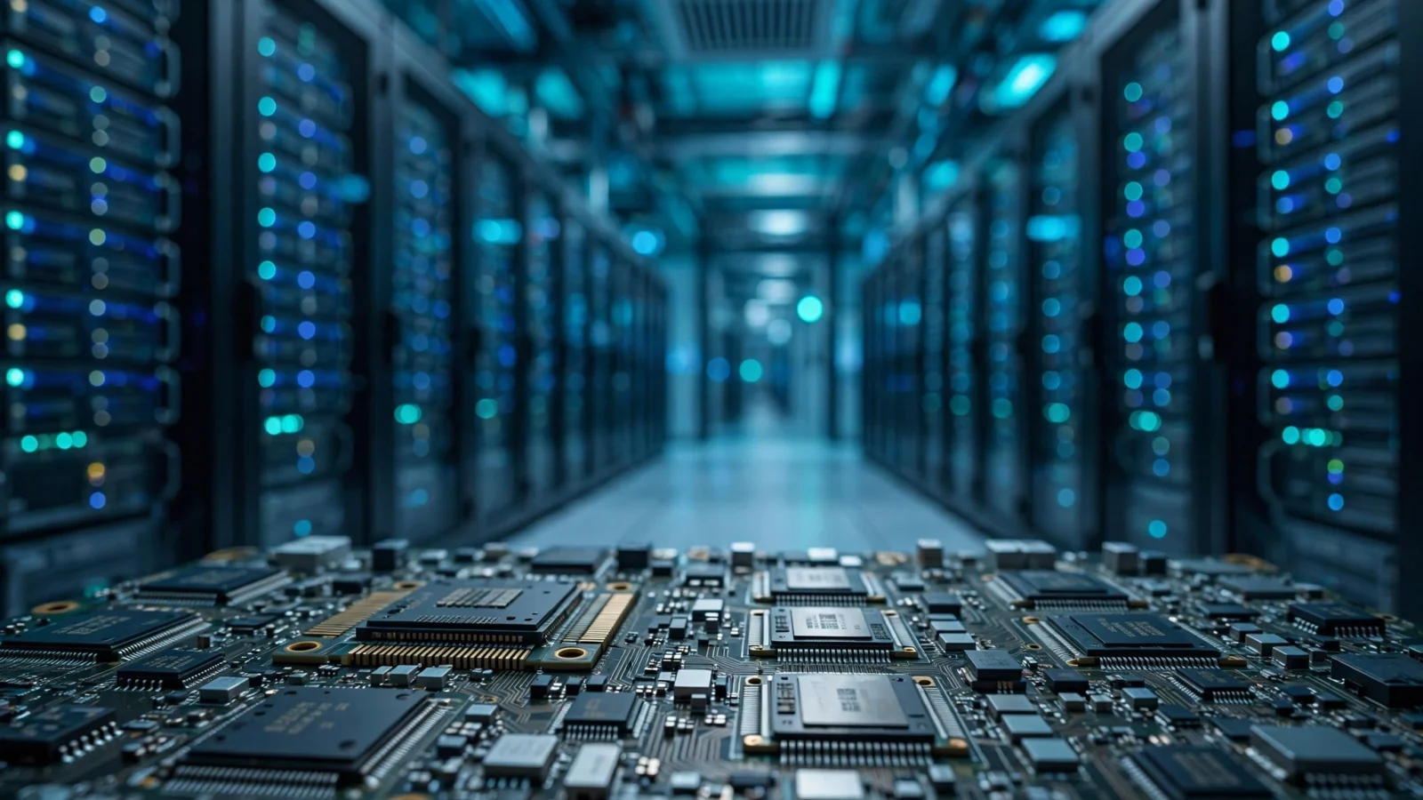Rows of server racks in a blue-lit data center with computer chips on a circuit board in the foreground