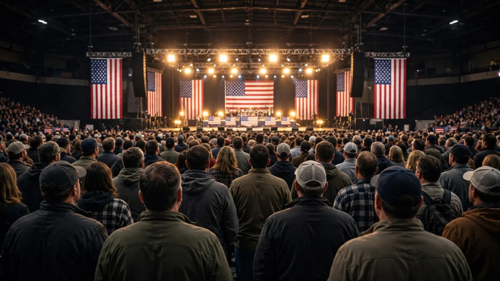 Crowd seen from behind facing a brightly lit stage with large American flags at an indoor political rally