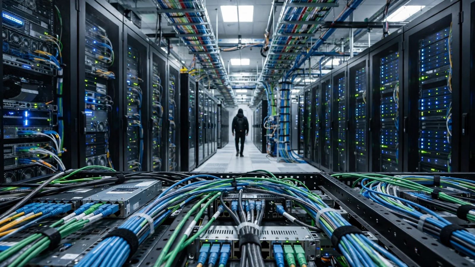 Rows of server racks with blue and green indicator lights and bundled network cables inside a data center, with a technician in silhouette in the aisle