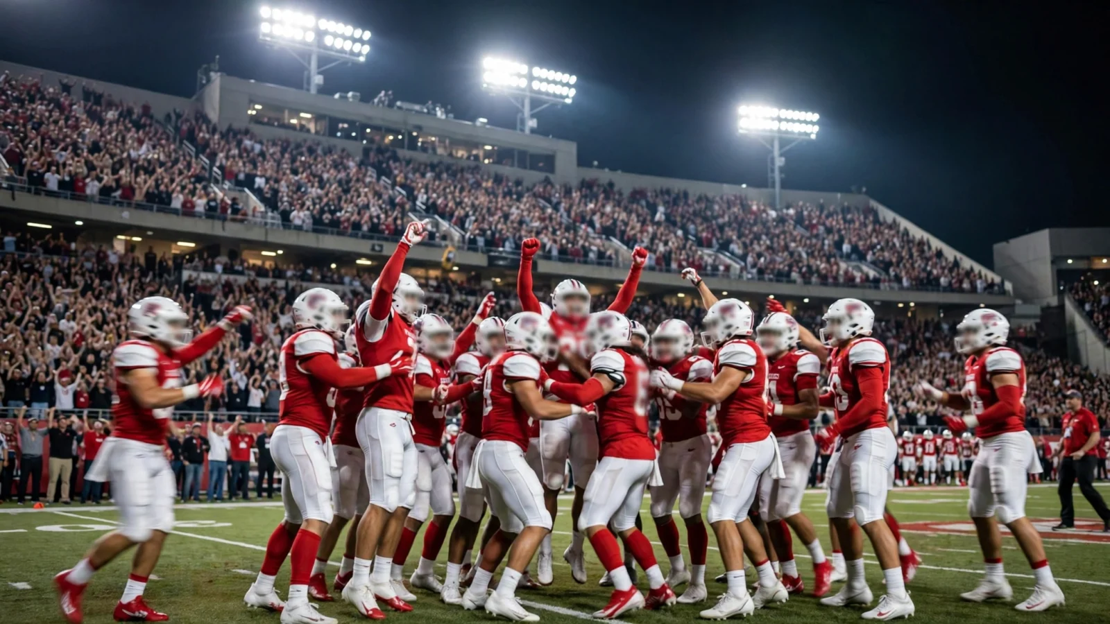 Football players in red uniforms celebrate on a field at night in a packed stadium