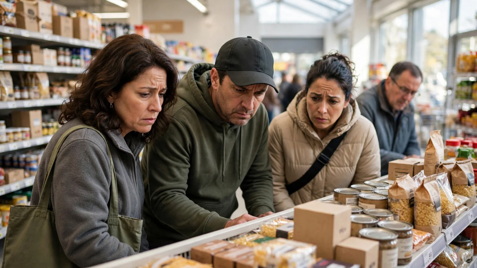 Shoppers look at grocery prices in a supermarket aisle