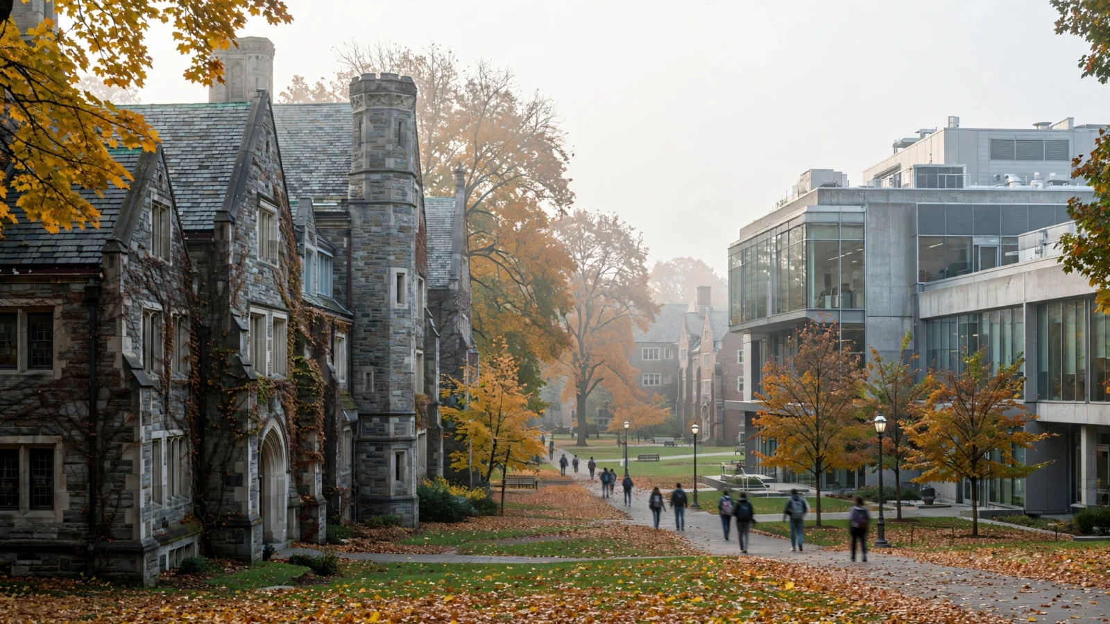 Students walking on a path between a historic stone academic building and a modern glass research building on an autumn university campus.