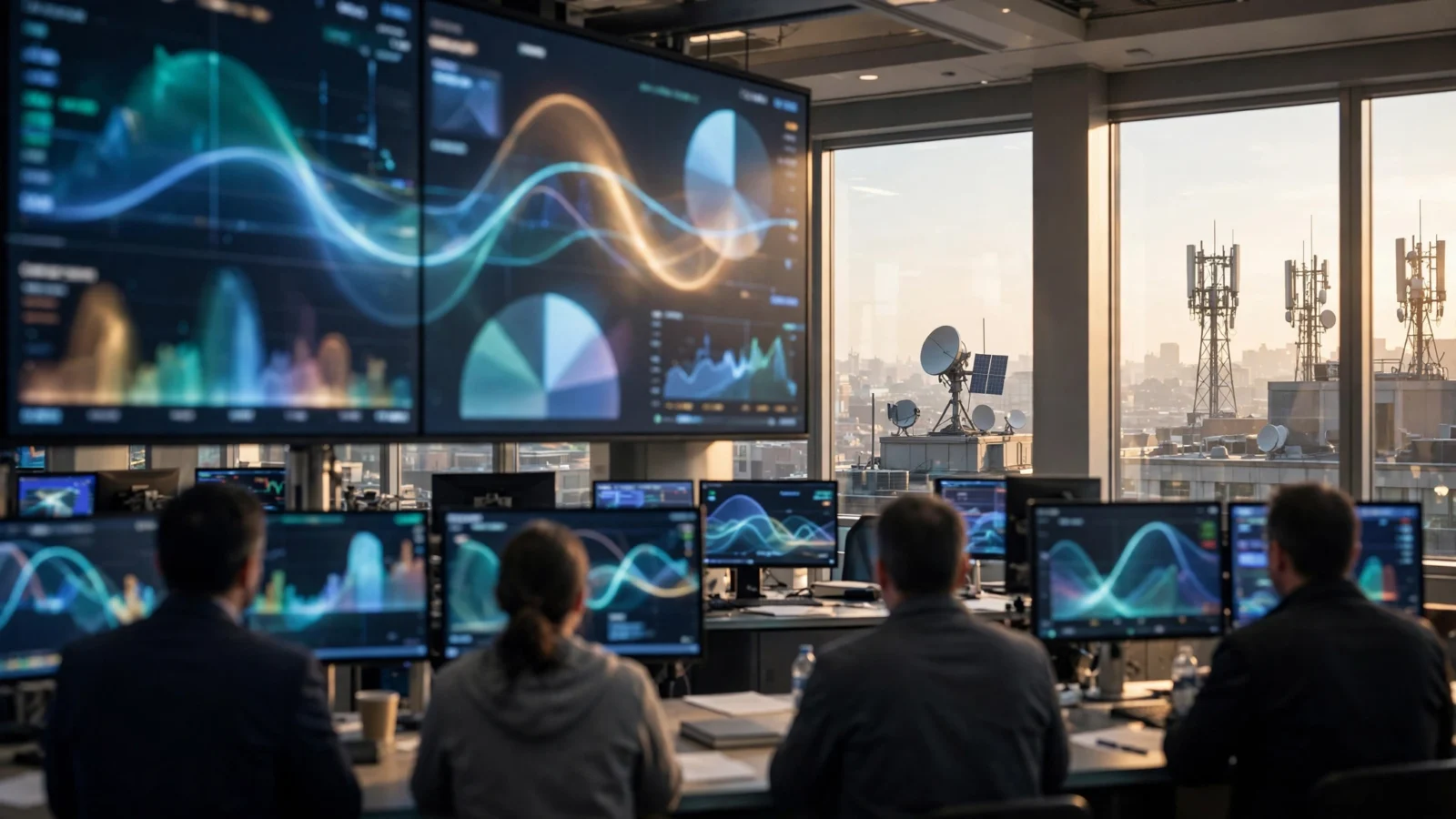 Traders seen from behind at desks facing large market charts, with communications towers outside office windows in morning light.