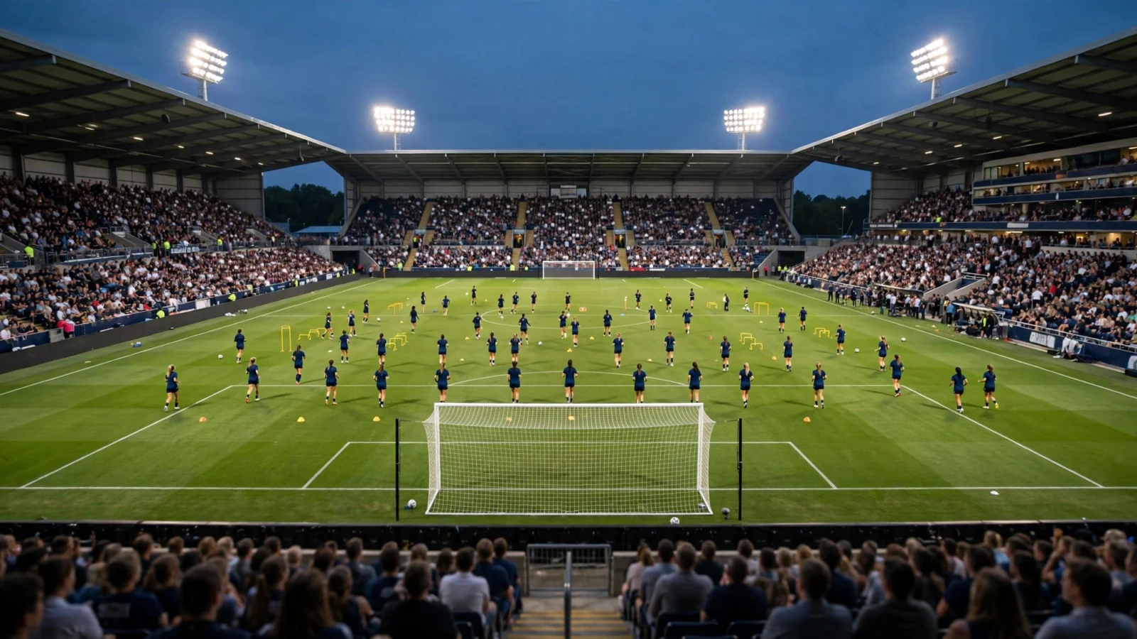 Players warming up on the pitch at a crowded women's soccer stadium under floodlights before a match