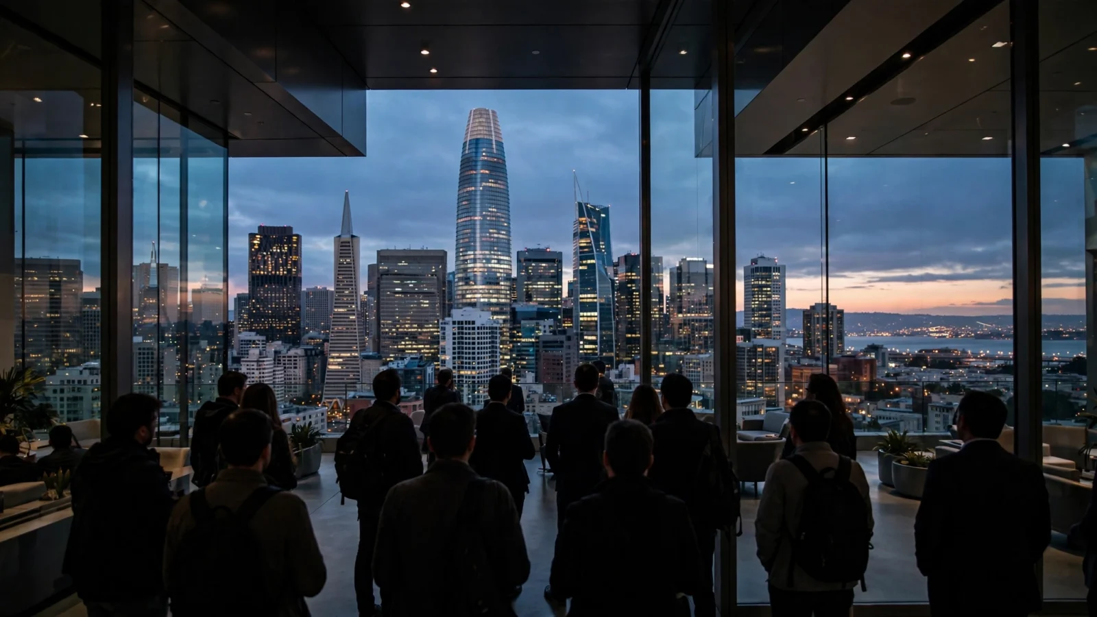 Attendees seen from behind looking out over the San Francisco skyline at dusk from a glass-walled event space