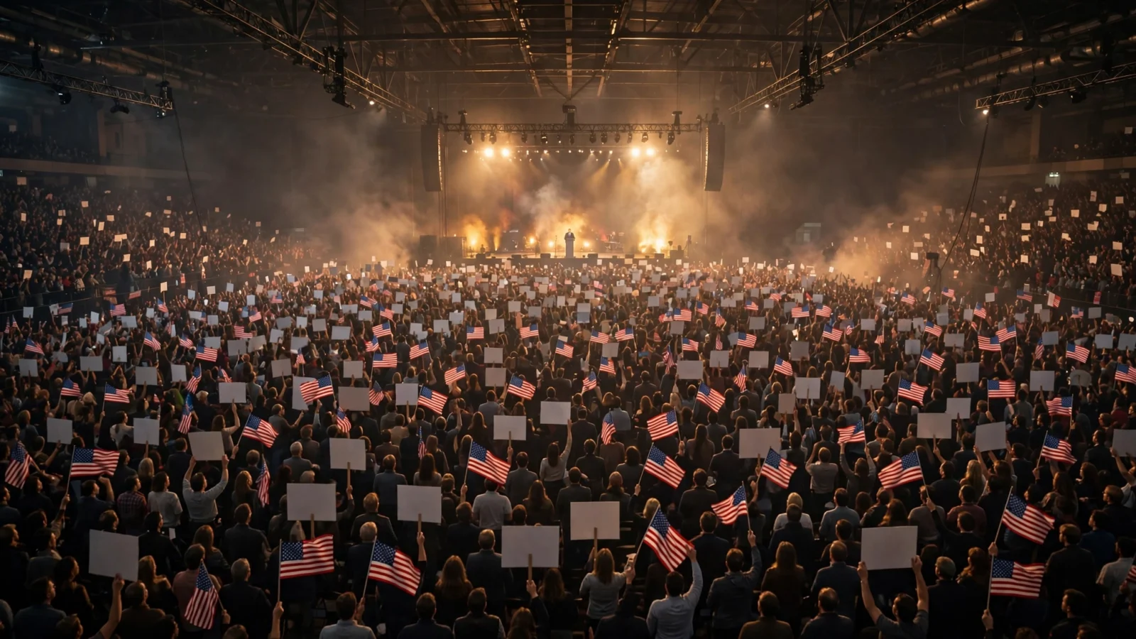 Large arena crowd waving American flags and holding blank signs at a political rally