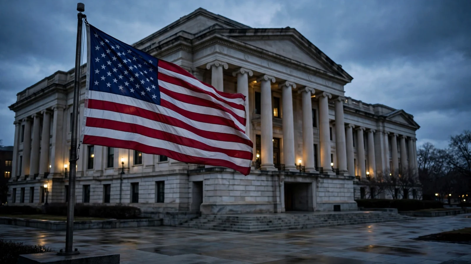 An American flag flying in front of a federal courthouse building at dusk.